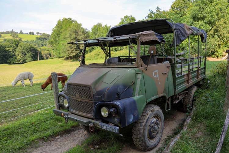 A 4x4 open vehicle bought from the French army is used for safaris at Elevage du Palais bison farm in Creuse