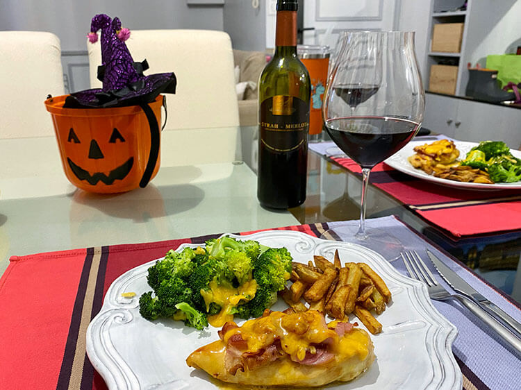 Honey-mustard chicken topped with bacon and cheddar with steamed broccoli on the side