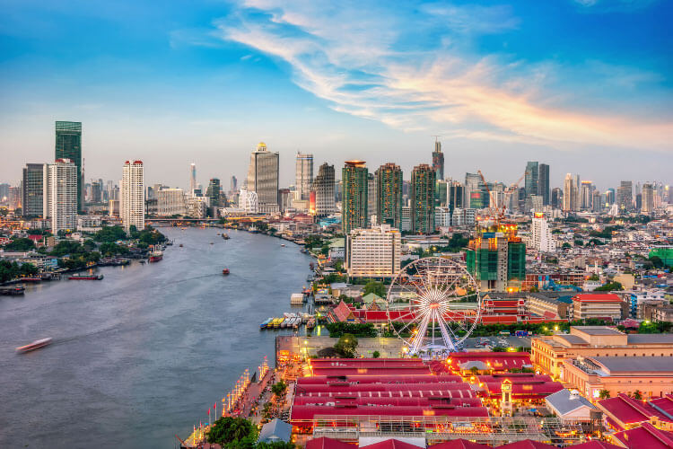 An aerial view of the converted warehouses of the Asiatique market and ferris wheel in Bangkok