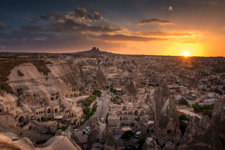 A view over the fairy chimneys of Cappadocia at sunset