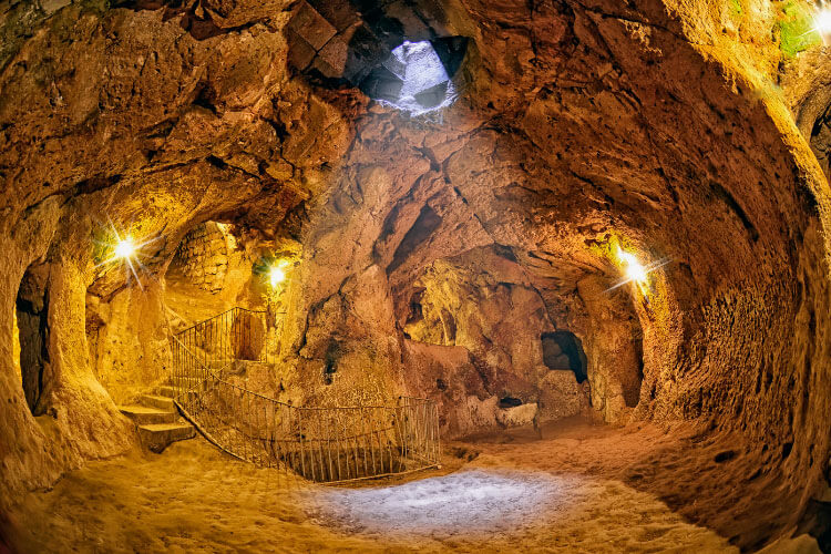 The staircase entrance to Derinkuyu Underground City in Cappadocia, Turkey