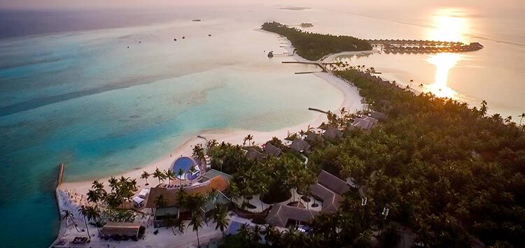 Aerial view of the two-island Nimaya Private Islands Maldives resort