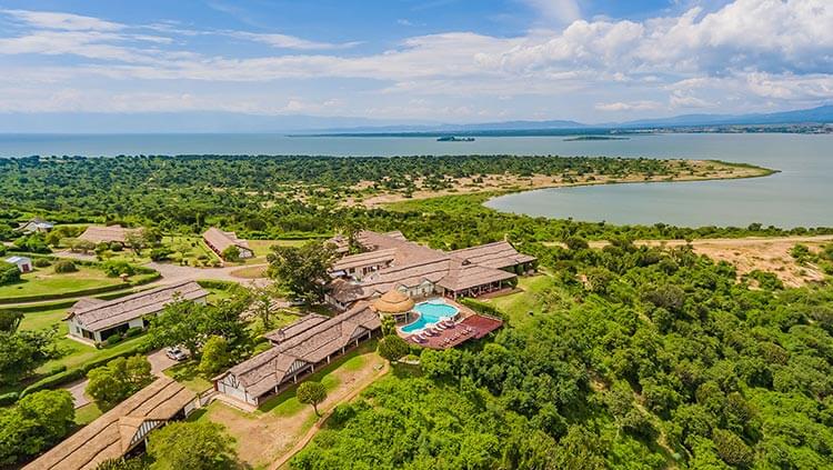 An aerial view of Mweya Safari Lodge in Queen Elizabeth National Park in Uganda