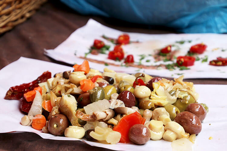 Giardiniera with mushrooms, garlic, olives, carrots and peppers in Catania, Sicily