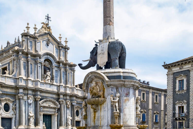 An elephant sits atop a foutain in Piazza del Duomo in Catania, Sicily