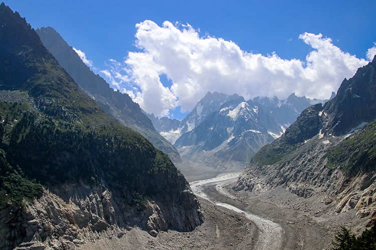Looking out at the shrinking Mer de Glace glacier in summer 2022 from the Montenvers viewing platform