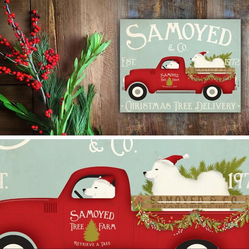 Samoyed Dog Christmas Tree Farm Red Truck artwork by Gemini Studio