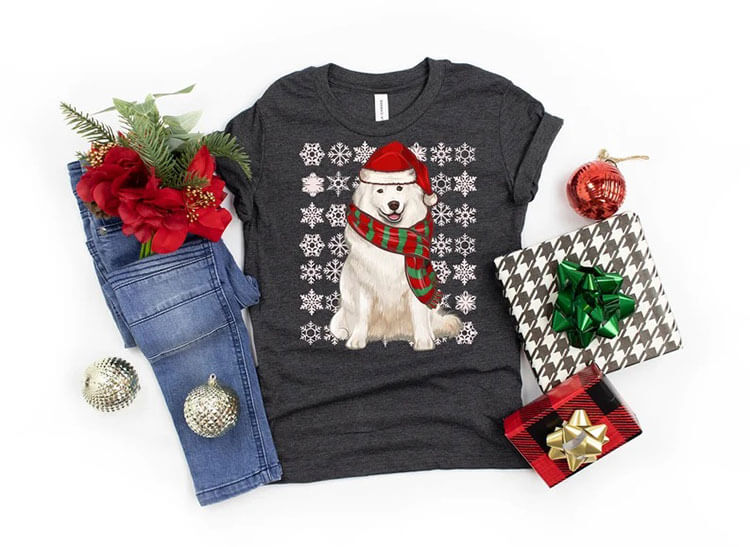 Samoyed ugly sweater Christmas graphic t-shirt by Lucky Snout