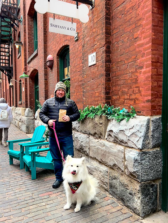 Coco licks her mouth as her dag holds a biscuit outside of Sniffany & Co in Toronto's Distillery District
