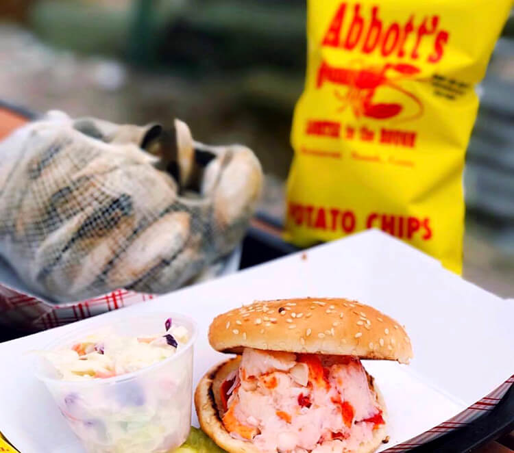 Connecticut-style lobster roll on a hamburger bun, Abbott's Lobster in the Rough, Noank, Connecticut