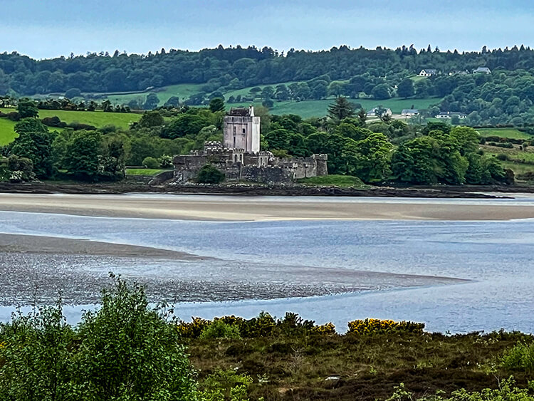 A panoramic view of Doe Castle from across Sheephaven Bay