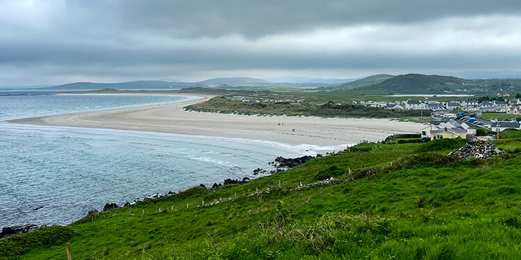 A panoramic view over the snaking Narin Portnoo Strand in Donegal, Ireland