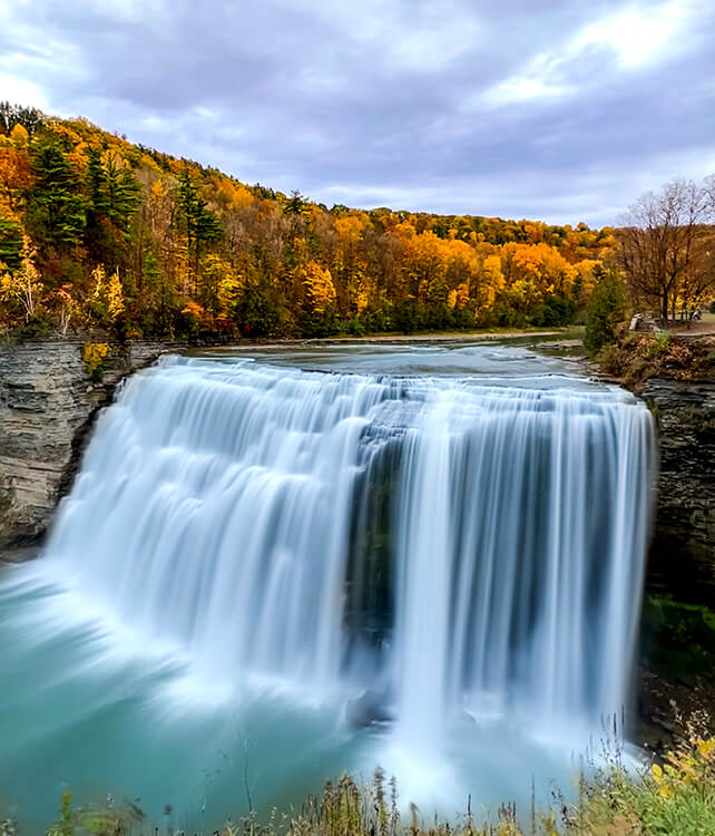 The Middle Falls waterfall with trees in fall colors of yellows and oranges surrounding the waterfall in Letchworth State Park