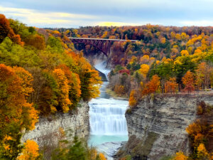 The Upper and Middle Falls seen in the Genessee River Gorge with fall colors in vibrant oranges, yellows and reds framing the river as seen from Inspiration Point in Letchworth State Park