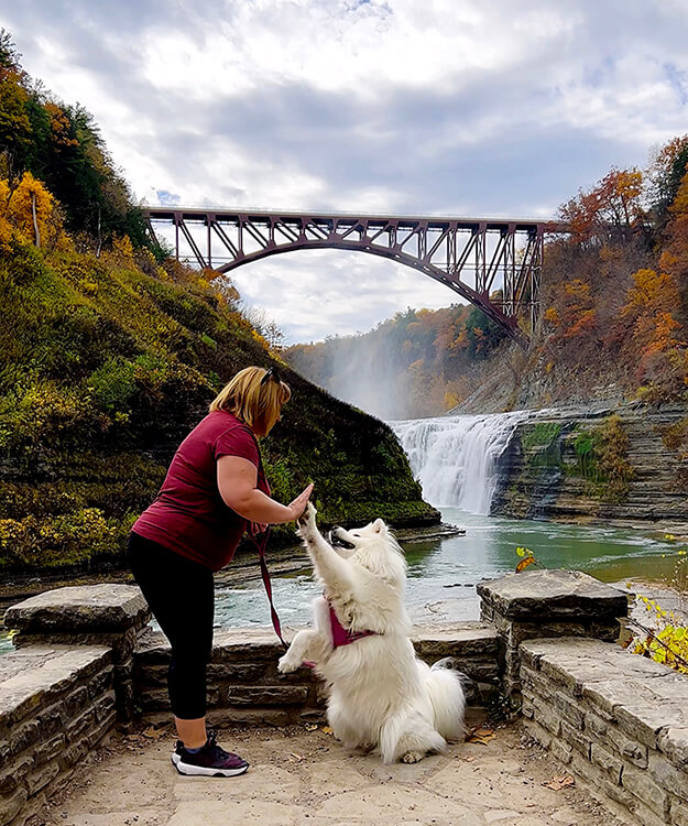 Jennifer and her dog, Coco, high five at the Upper Falls Lookout with the waterfall directly behind and under the railroad bridge on the Gorge Trail in Letchworth State Park