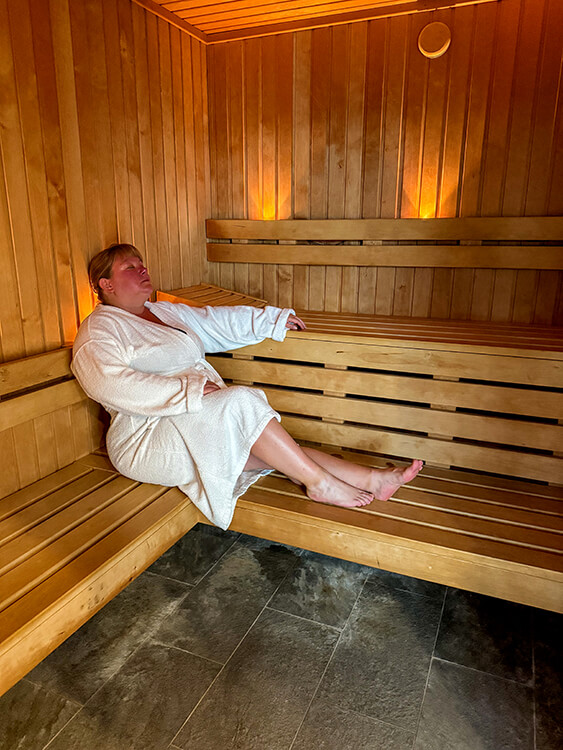 Jennifer relaxing in the sauna at the Aqua Phénicia Spa at Domaine de Rochevilaine