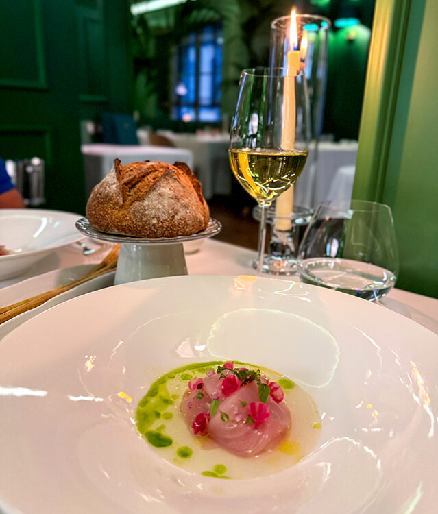 Amberjack with Chioggia turnip and Ume kosho at Luca's Ristorante at Hotel La Gemma