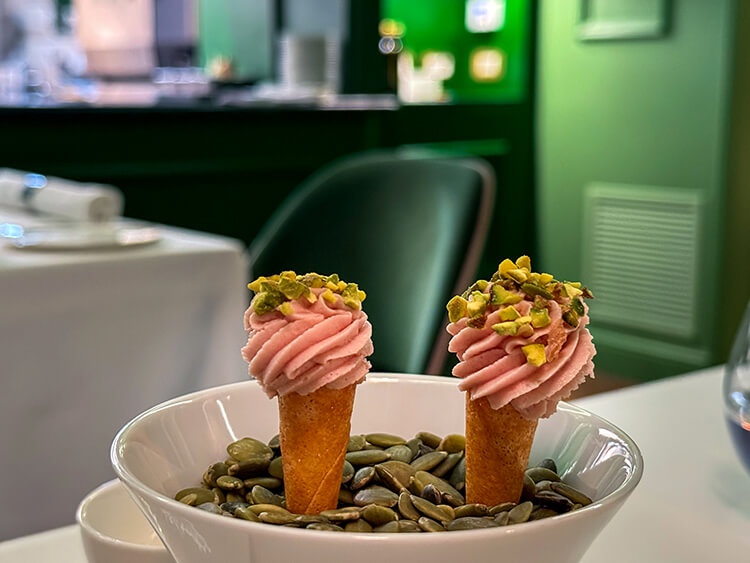 Amuse bouche foie gras in an "ice cream cone" at Luca's