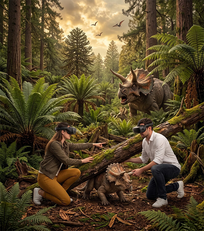 Two people wearing virtual reality head sets try to help a baby triceratops trapped under a fallen tree