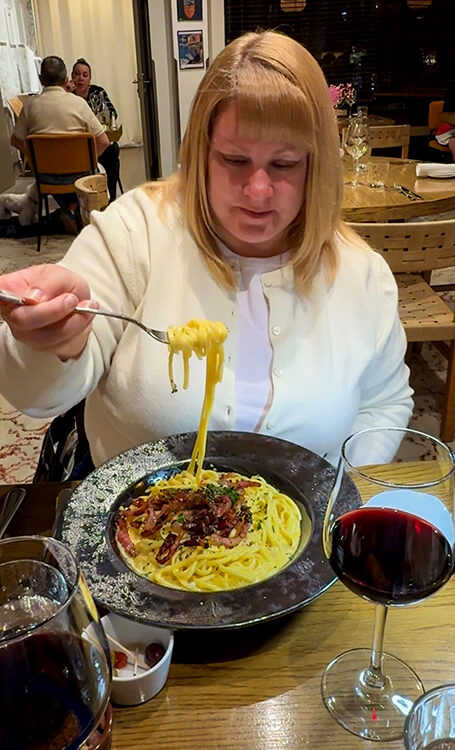 L'Aquarama at Hotel L'Île de la Lagune makes house made pastas like their signature carbonara