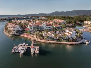 Drone shot of the private island ofo Hotel L'Île de la Lagune in Saint-Cyprien, France
