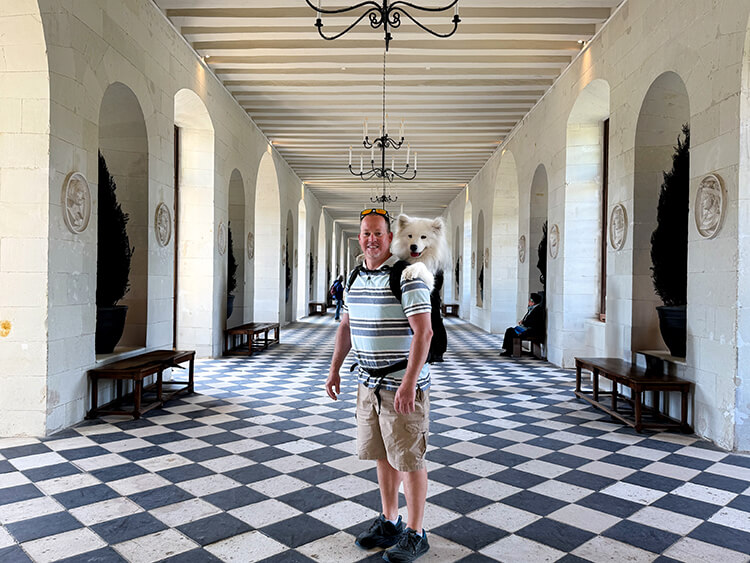 Coco explores the interior rooms and gallery of Château de Chenonceau in her K9 Sport Sac