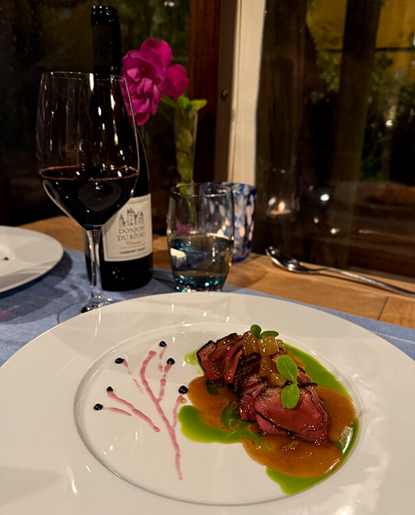 Duck breast with pears at Le Jardin Secret at Château du Rivau in the Loire Valley