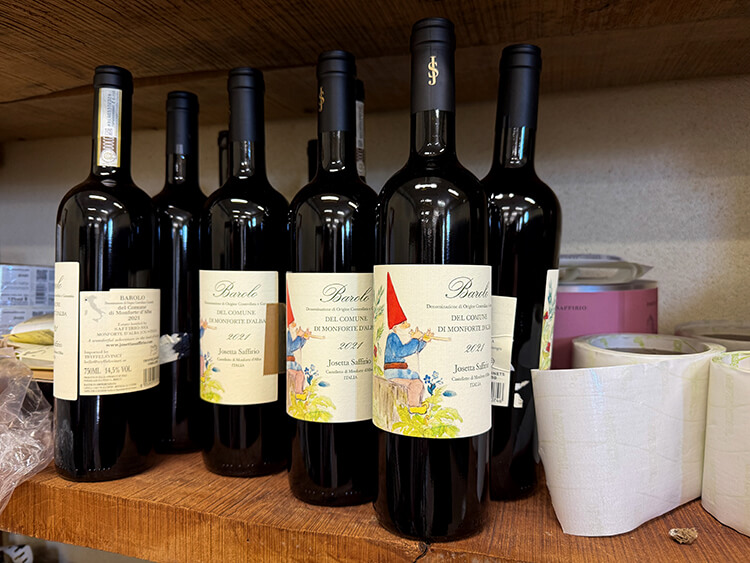 Bottles of 2021 Josetta Saffirio Barolo with the gnome design that are being readied to export to Sweden