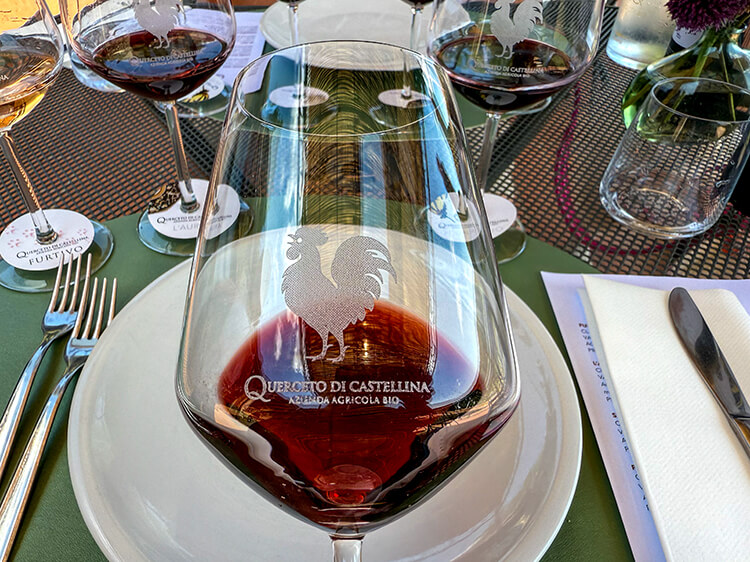Holding a glass of Chianti Classico over the white dish to examine the color during a wine tasting at Querceto di Castellina