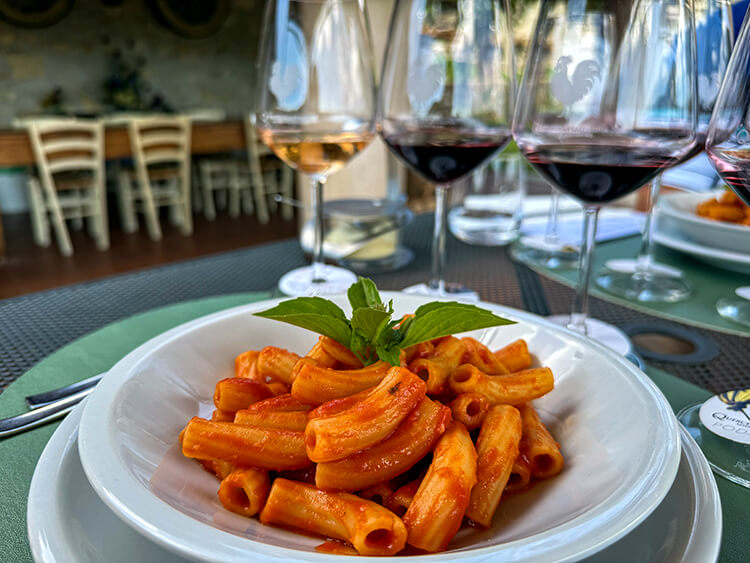 Laura's homemade pasta with tomato sauce and fresh basil at Querceto di Castellina