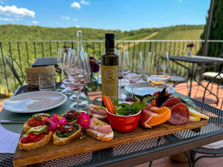 Crostini with locally sourced salumi, melon and pickled vegetables at Querceto di Castellina