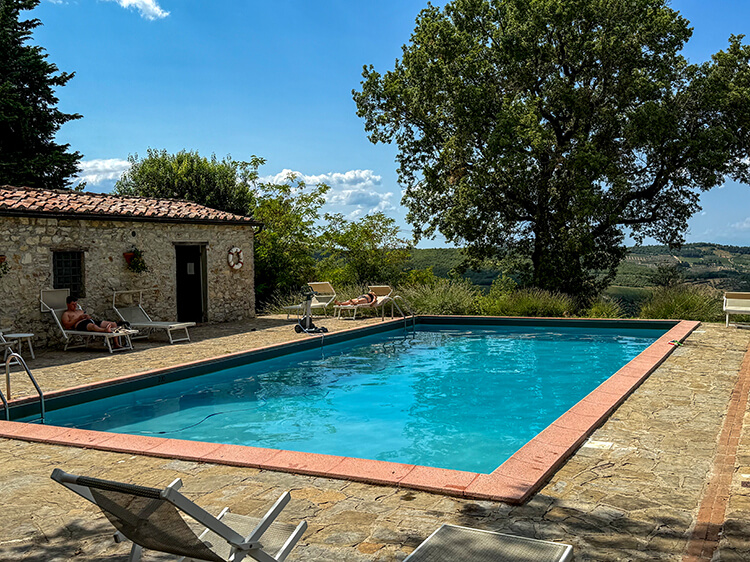 The salt water swimming pool with vineyard views at Querceto di Castellina