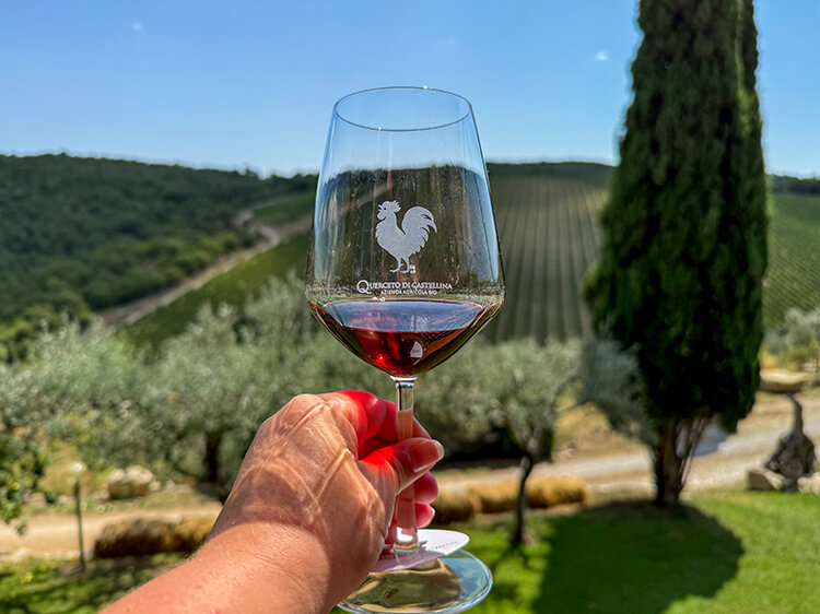 A glass of Chianti Classico held up with the Sangiovese vineyards stretching out behind at Querceto di Castellina